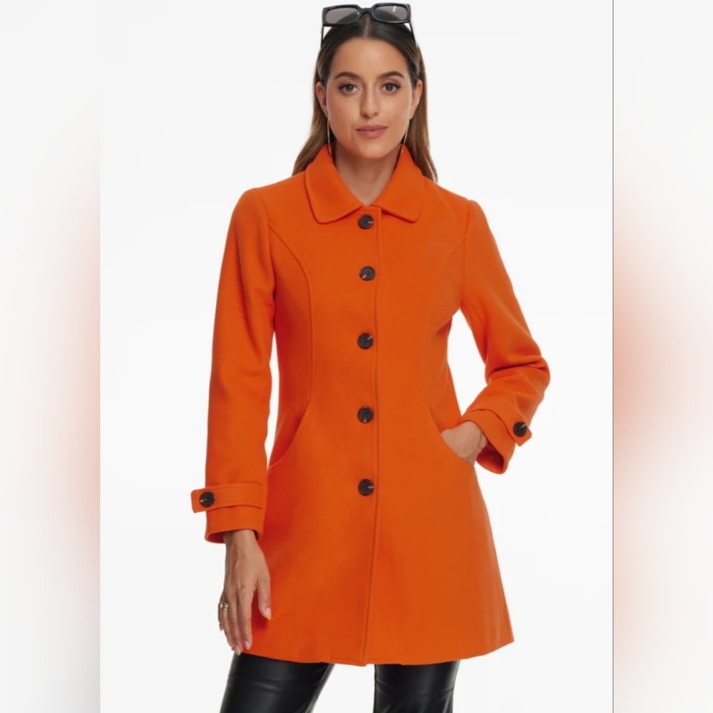 Allegra K | Peter Pan Collar Mid-Thigh A-Line Singlmen's Coat | Orange